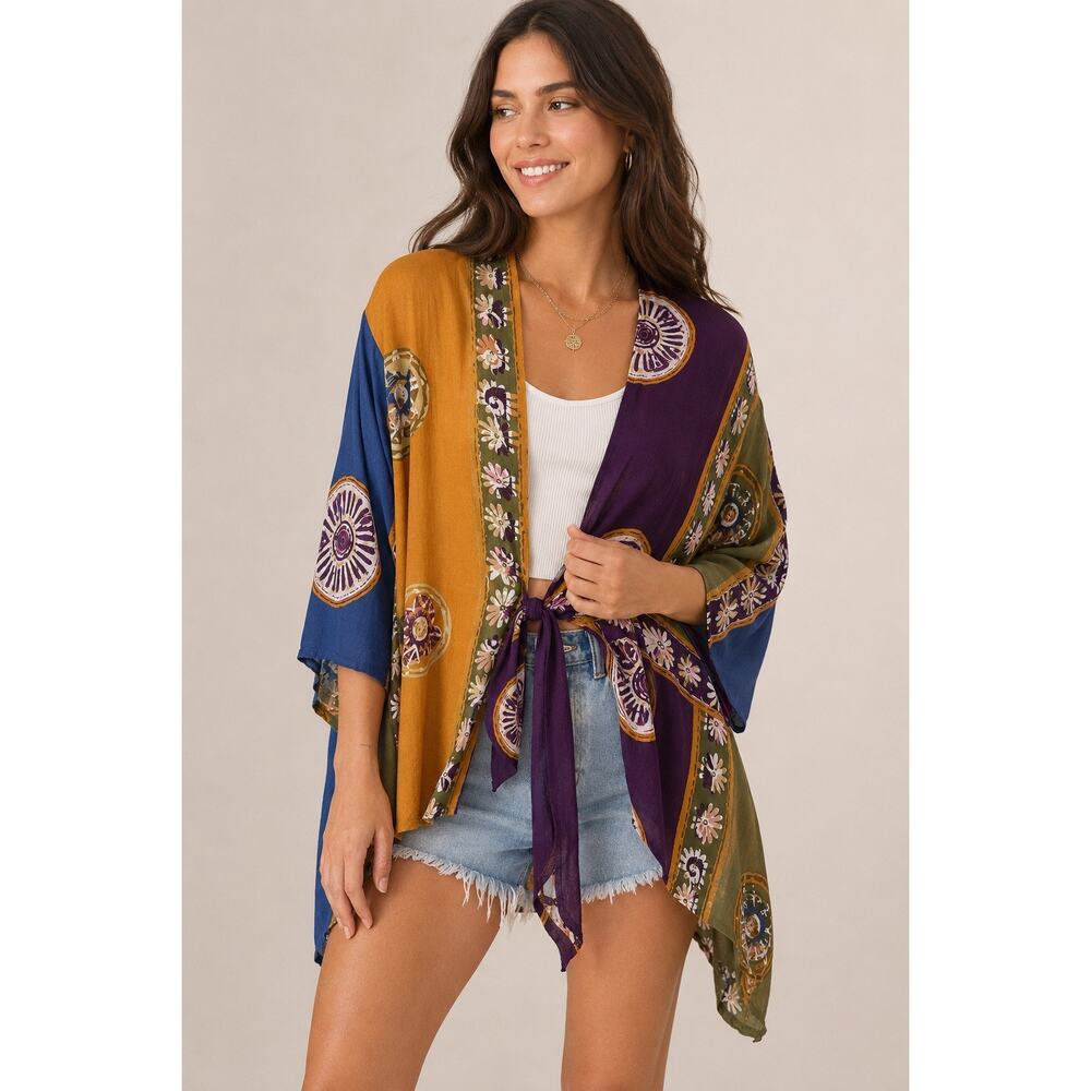 The Pyramid Collection Boho Tie Front Kimono Festival Top L